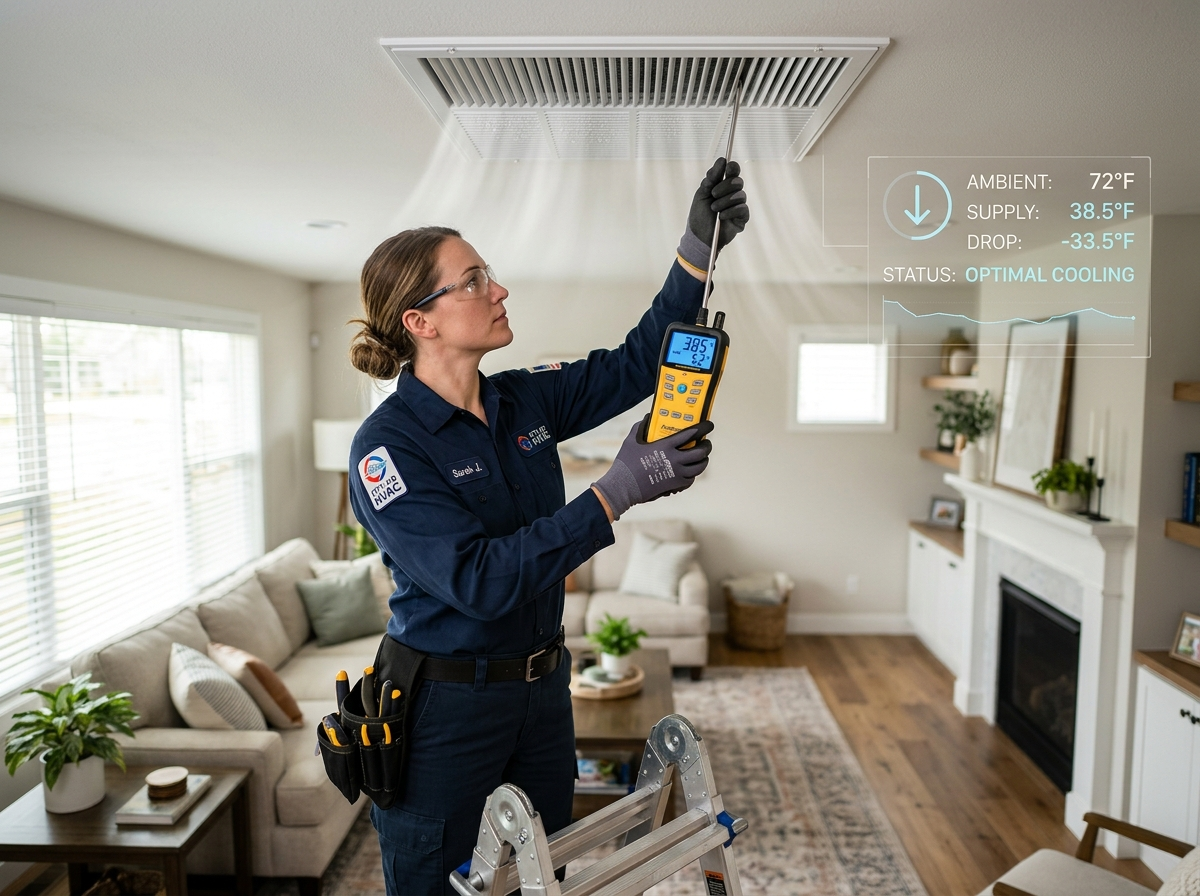 Certified HVAC technician measuring AC vent output temperature